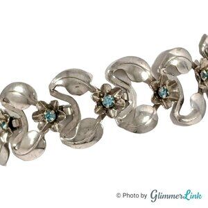 Vintage Pale Blue Rhinestone Floral and Leaves Silver Tone Bracelet